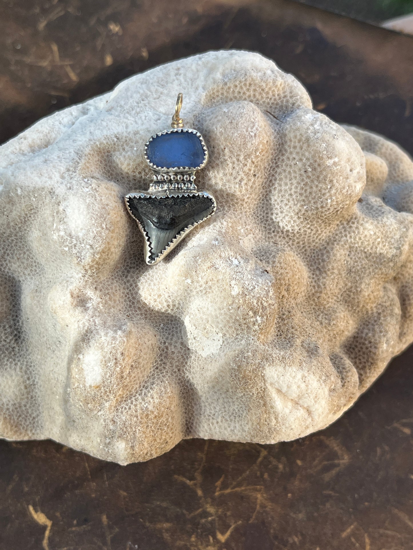 Shark tooth x sea glass pendant